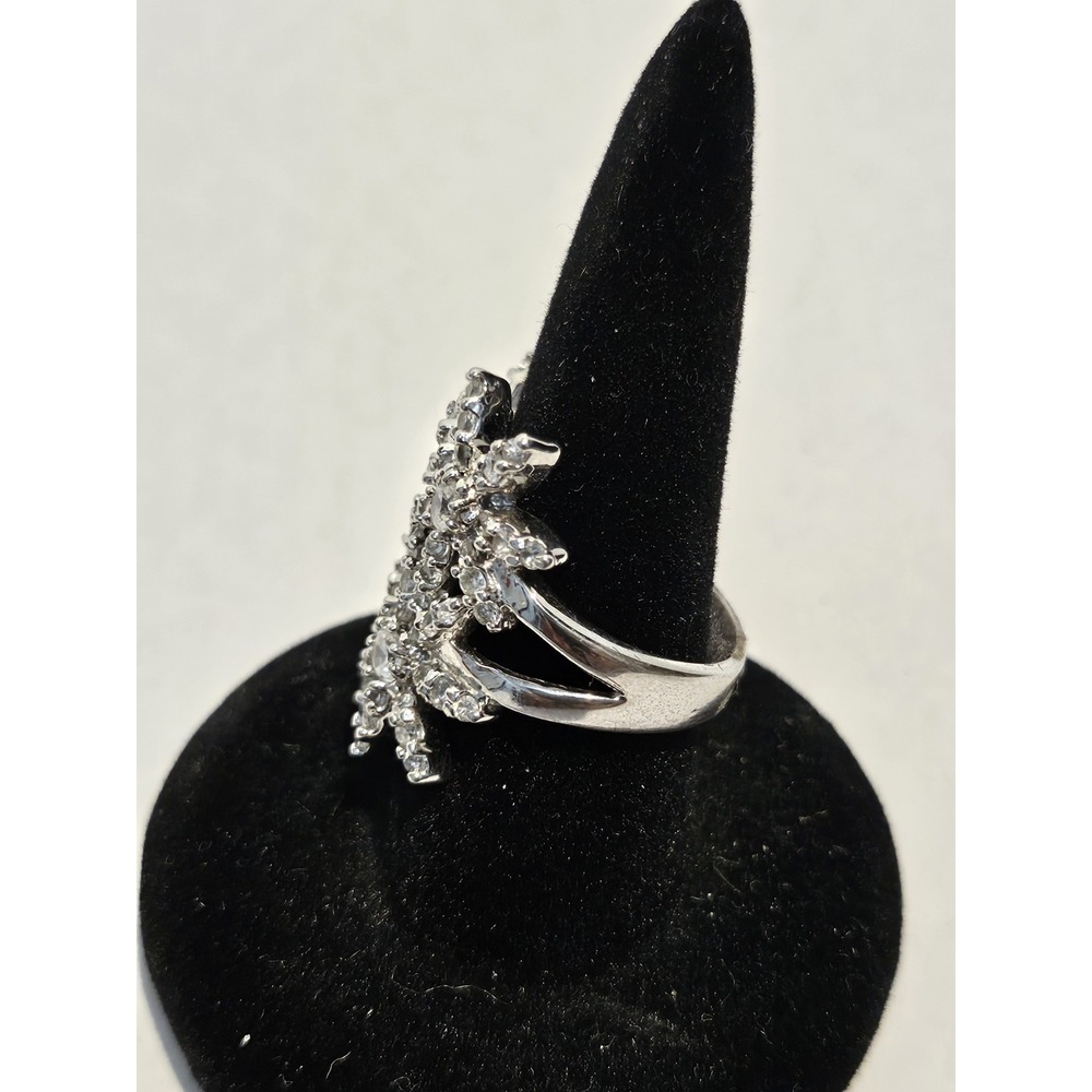 Vintage 925 Sterling Silver Cubic Zirconia Cluster Floral Statement Ring Size 7 - Picture 2 of 10